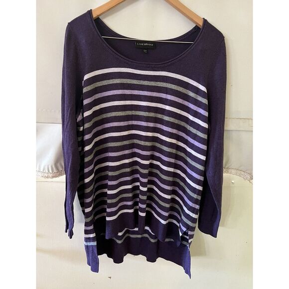 LANE‎ BRYANT Plus Size 18/20 Purple Plum Gray White Stripe Knit Sweater 394 - Picture 1 of 3